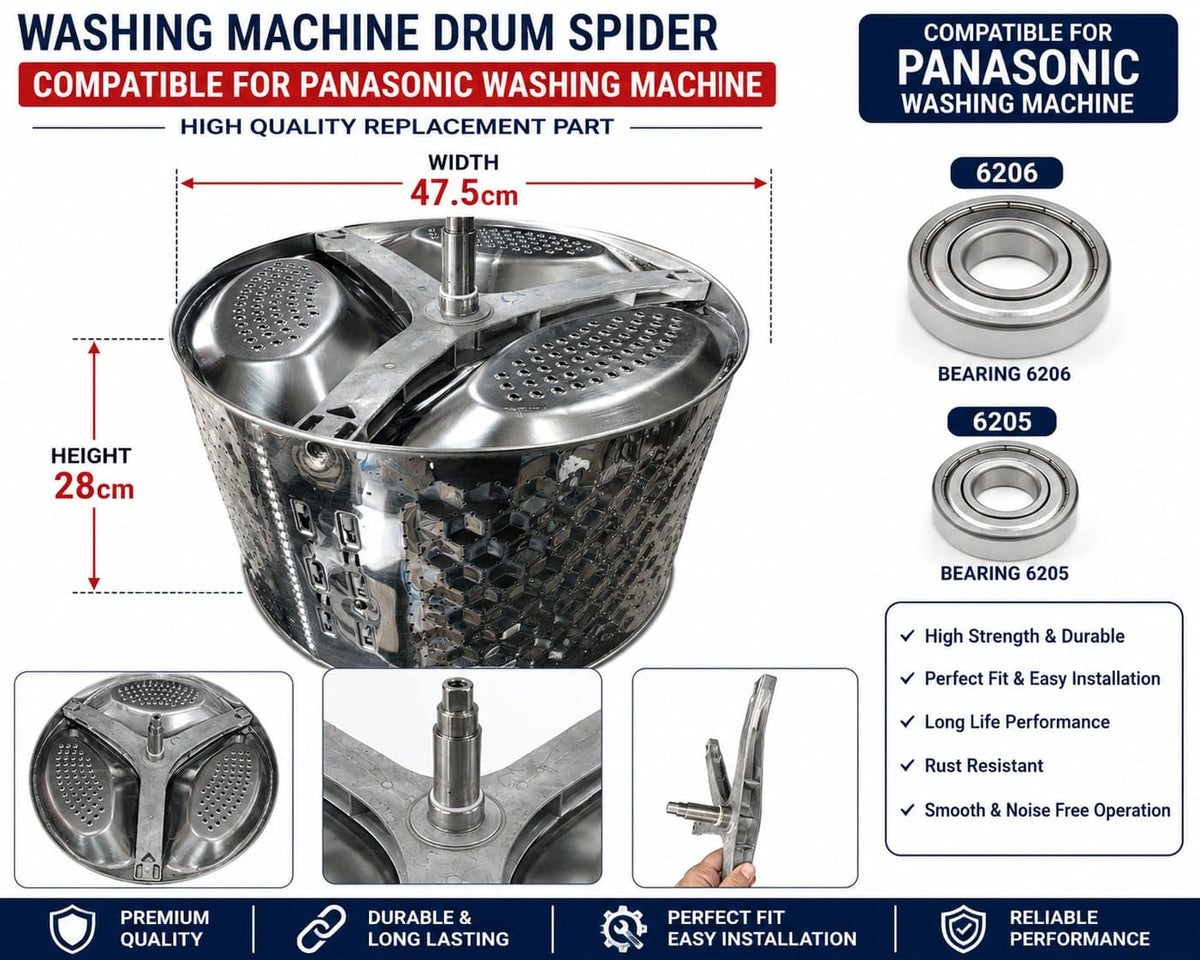 BUY SPARES Washing Machine Stainless Steel Drum Spider Arm Compatible with Panasonic, Model MF060-ES1401, MF070-ES401, Bearing Size 6205/6206,7 kg (Drum NOT Included) BS1138