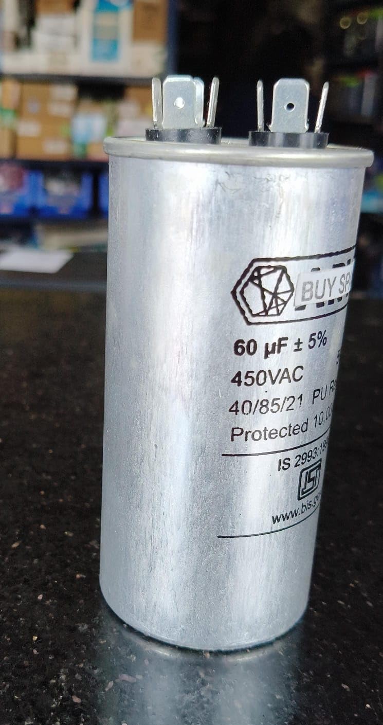 BUY SPARES AC Motor Run Capacitor, 60µF ±5%, 450VAC, 50/60Hz, PU Resin, ISI Certified BS1076