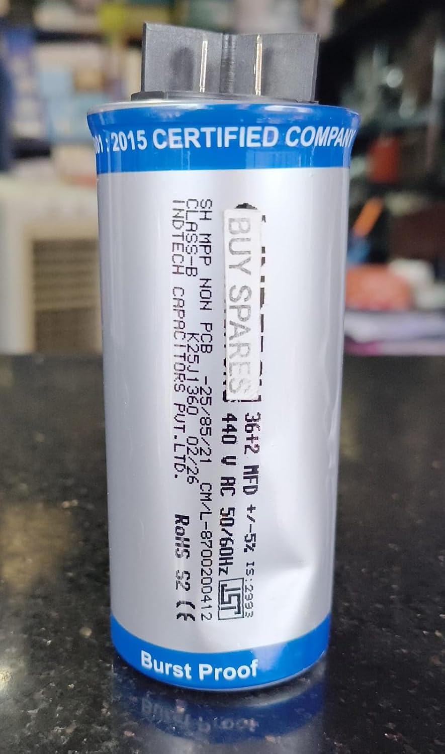 BUY SPARES AC Motor Run Capacitor, 36+2 MFD, 440V, 50/60Hz, Non PCB, Burst Proof BS1366