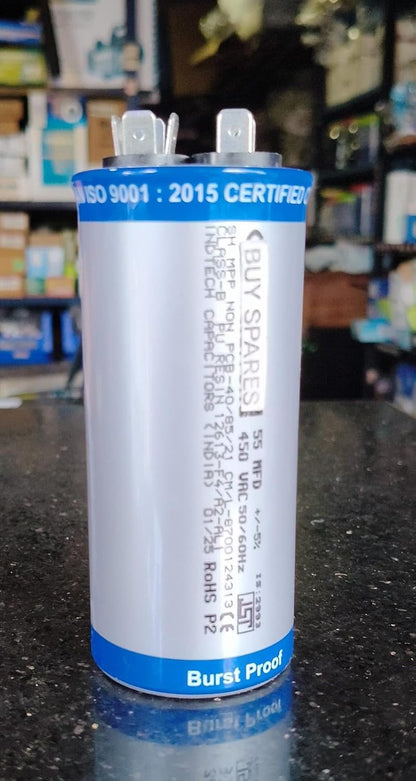 BUY SPARES AC Motor Run Capacitor, 55µF, 450VAC, 50/60Hz, Burst Proof, Non-PCB, MPP BS1363