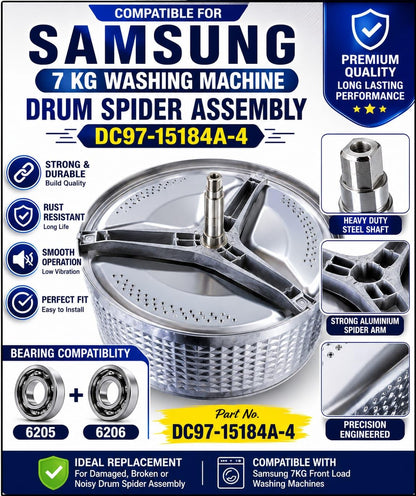 BUY SPARES Grey Washing Machine Drum Spider DC97-15184A-4, Belt Drive Hub for S.A.M.S.U.N.G 7kg Front Load Models, Fits 6205/6206 Bearings BS1177