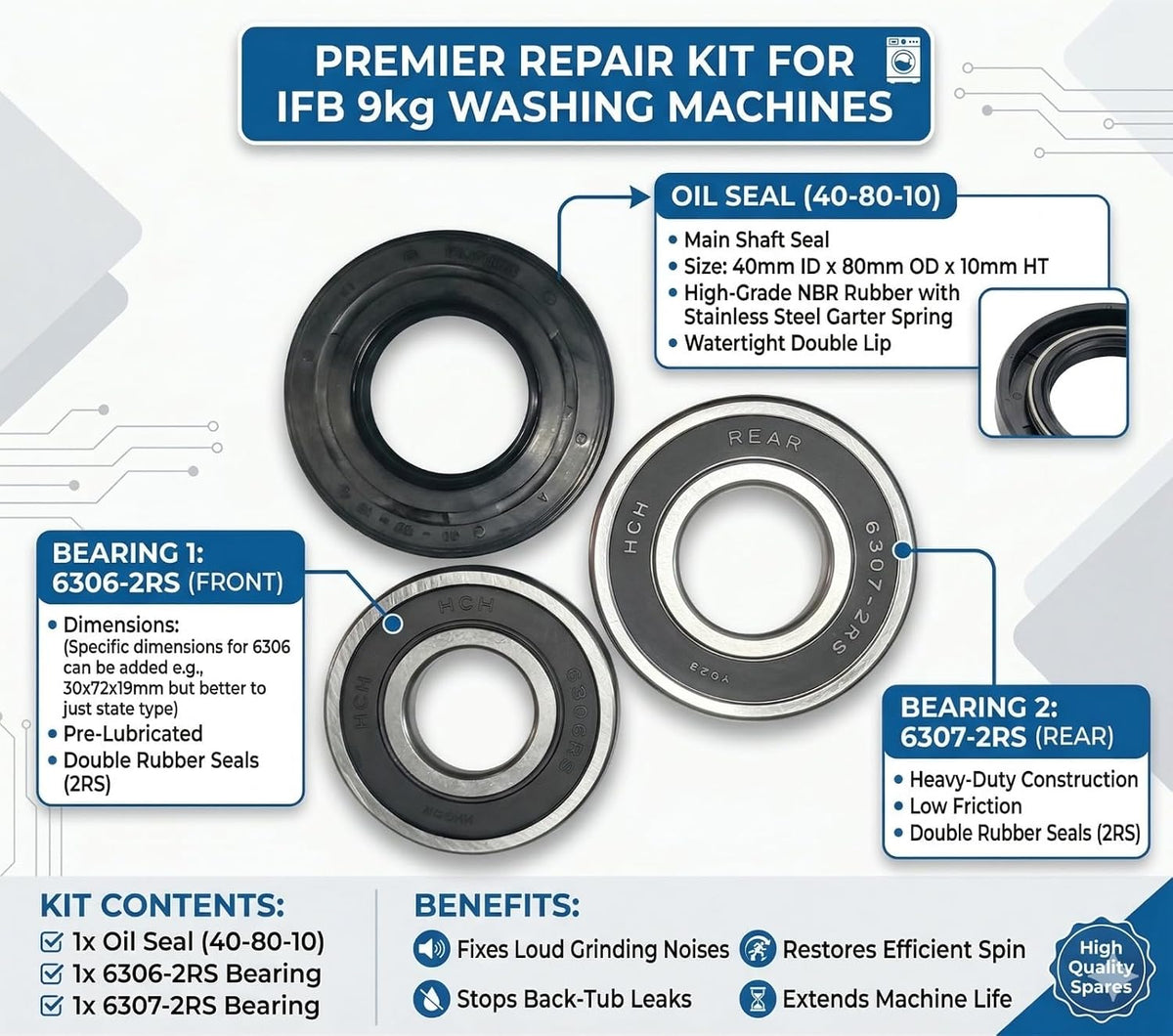BUY SPARES Oil Seal Kit with Bearings compatible with IFB Washing Machine 9kg, Seal 40-80-10, Bearings 6306 and 6307 (9KG) BS1153