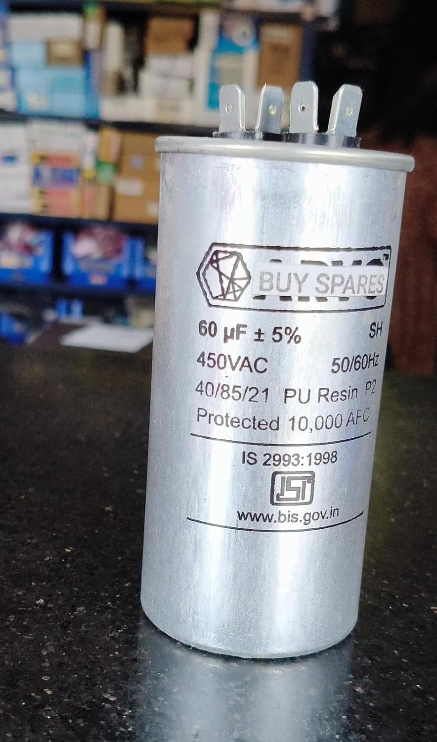 BUY SPARES AC Motor Run Capacitor, 60µF ±5%, 450VAC, 50/60Hz, PU Resin, ISI Certified BS1076