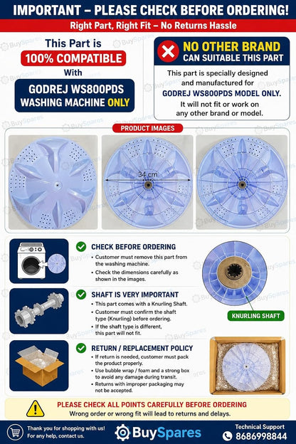 BUY SPARES Washing Machine Pulsator Compatible with Godrej WS800PDS, 34 CM Diameter, White BS1267