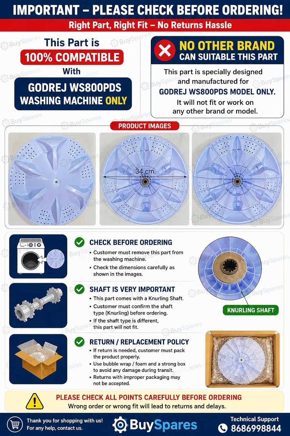 Buy spares Washing Machine Pulsator Compatible with Godrej WS800PDS, 34 CM Diameter, White BS1457