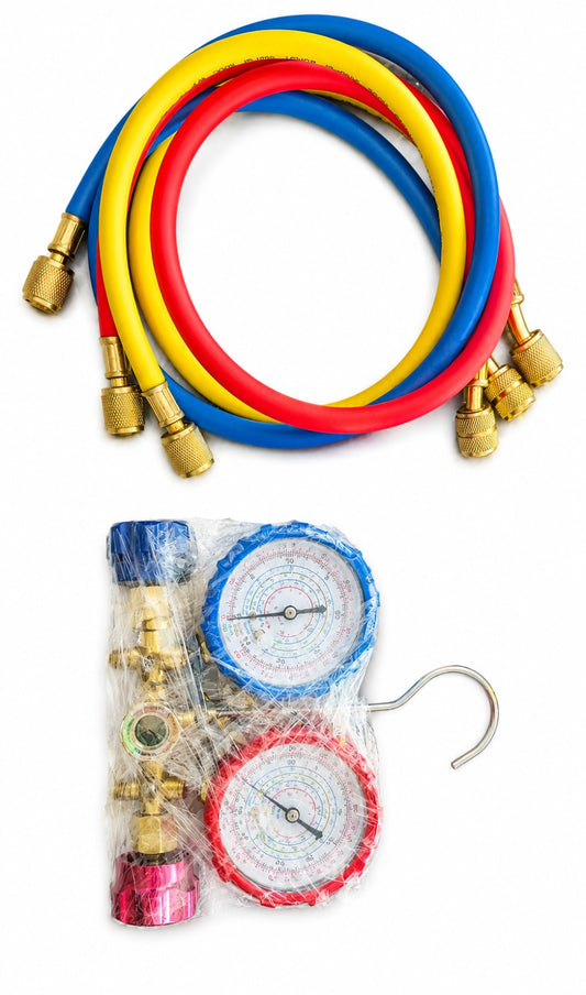 Double Gauge Manifold Set with Charging Hose | AC Refrigerator Refrigeration Service Gauge