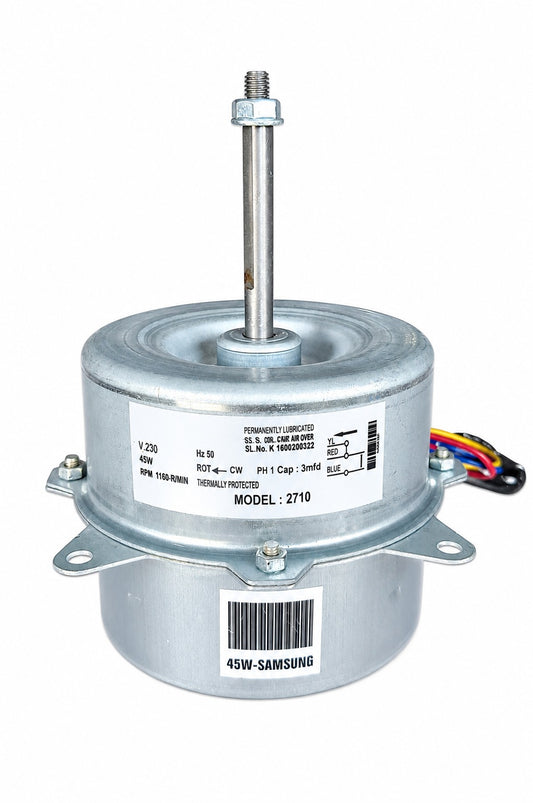 High-quality  ODU Motor 45W Model 2710 designed for compatible For Samsung outdoor unit air-conditioning applications. This single-phase motor is rated at 230V, 50Hz, 45W and operates at approximately 1160 RPM with clockwise rotation